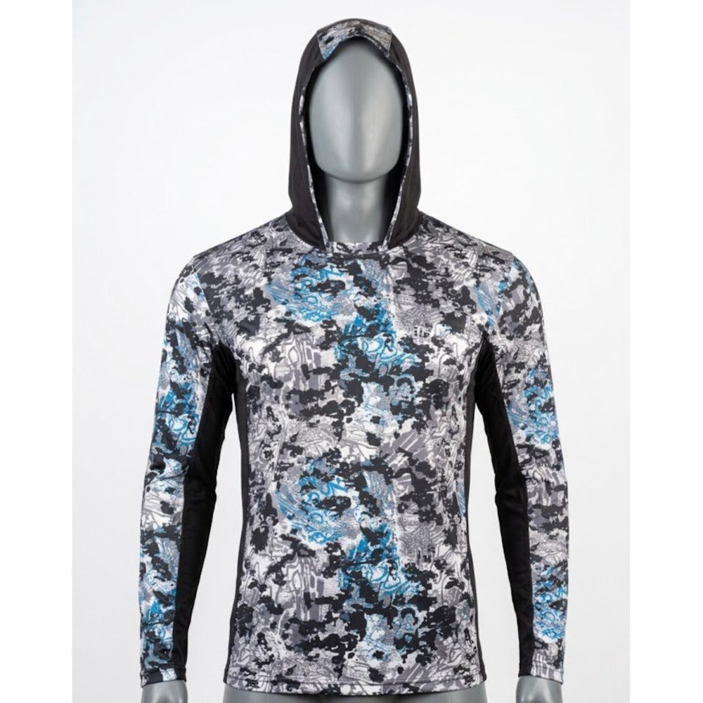 Huk Mens Pursuit Hoodie Long Sleeve Fishing Shirt Grey Blue Camo Size Large